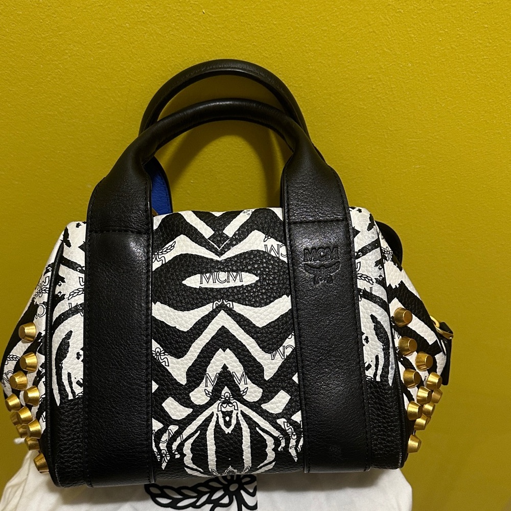 MCM Zebra Print Satchel with Gold Studs